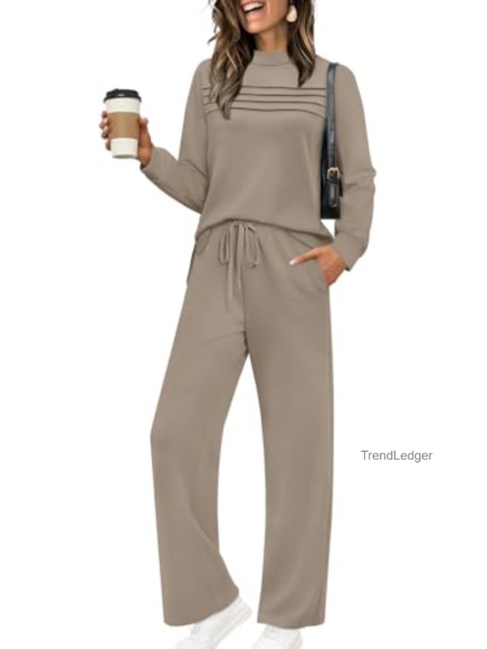 WIHOLL Two Piece Lounge Set Long Sleeve Top Wide Leg Crop Pants Travel